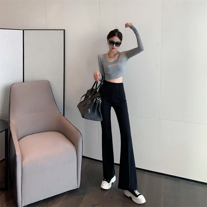 Quần ống loe tăm dãn phối gân nổi cạp cao hack chân tôn dáng - Culottes nữ dáng dài thiết kế công sở phong cách hàn quốc