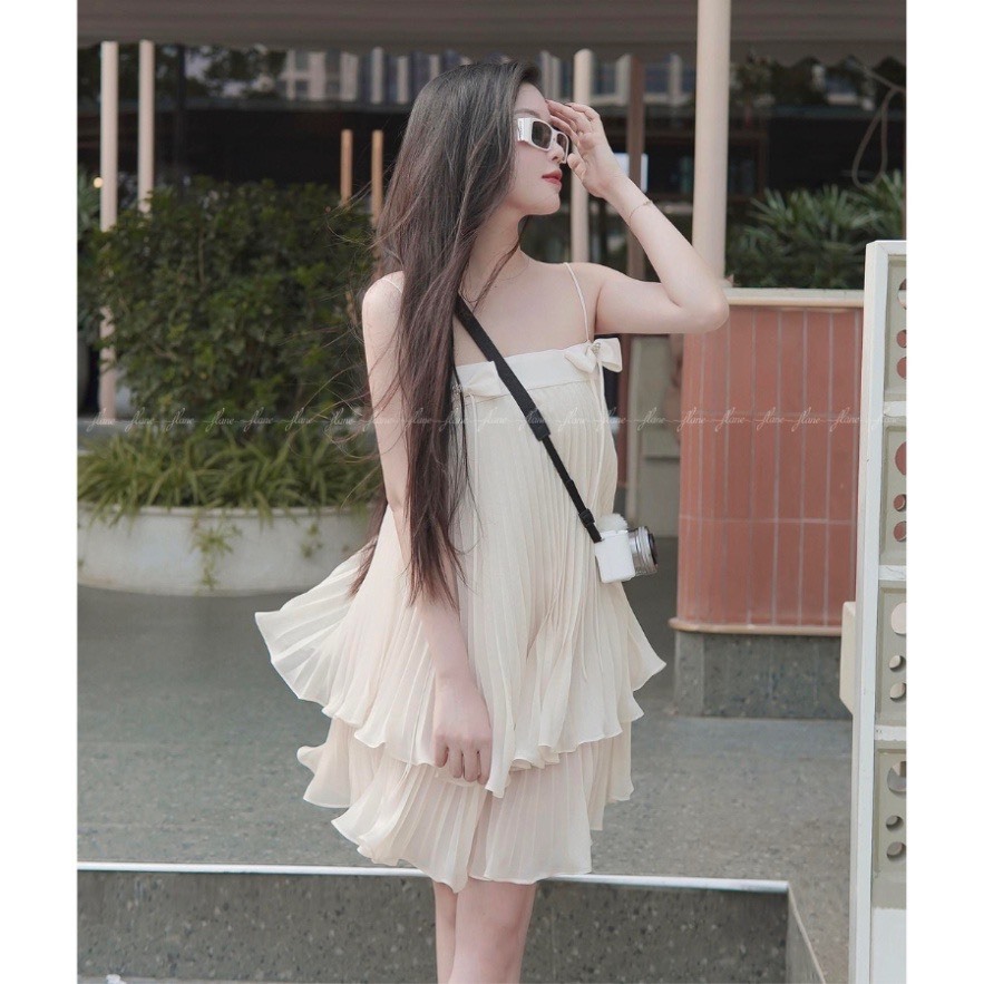 [Video thực tế sp] Set váy babydoll áo 2 dây xinh xắn dập ly xoè phối nơ xinh cho các nàng đi biển