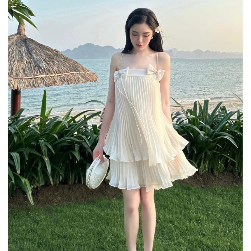 [Video thực tế sp] Set váy babydoll áo 2 dây xinh xắn dập ly xoè phối nơ xinh cho các nàng đi biển