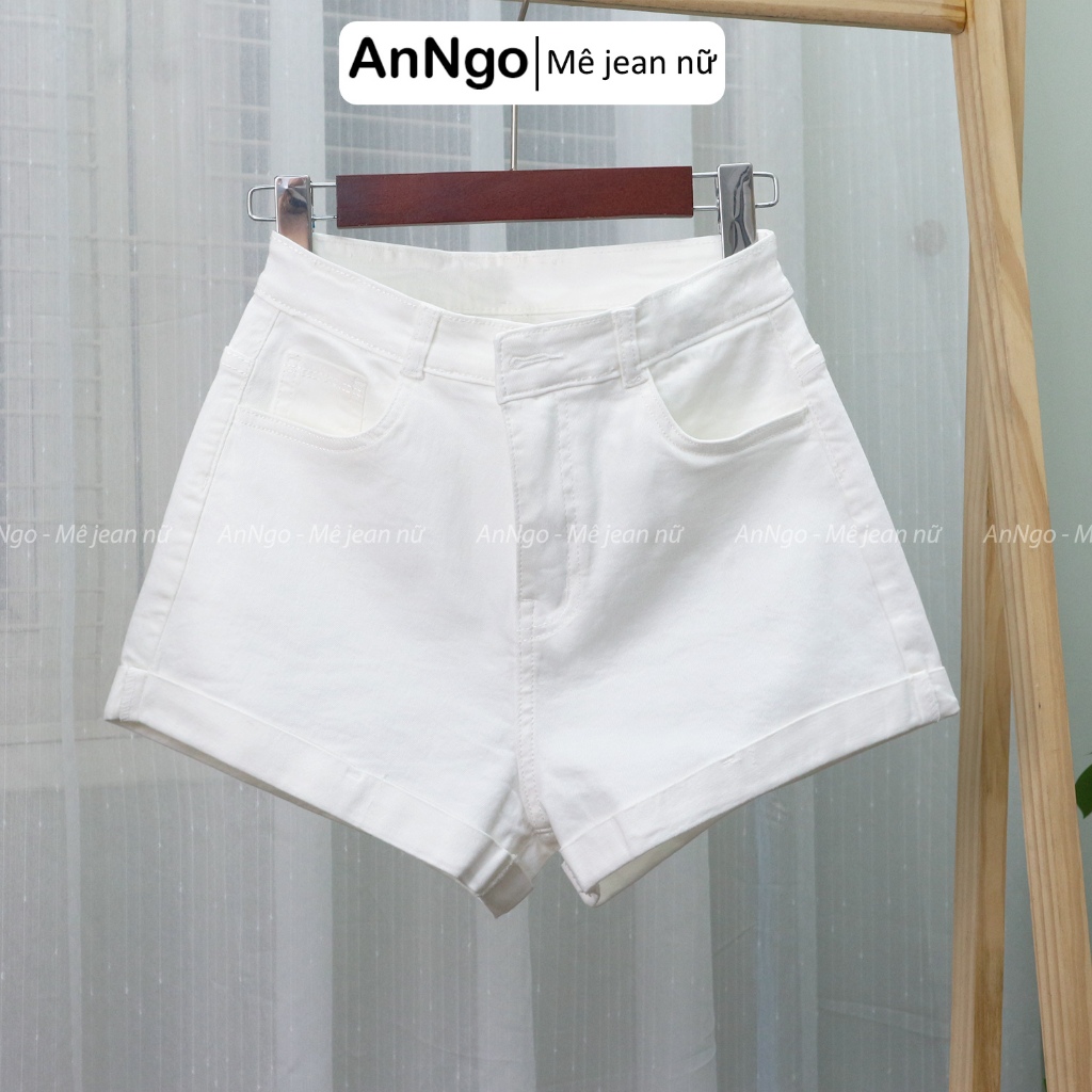 (Có big size) Quần short jean nữ co giãn trắng lật lai cá tính, chất jean cotton co giãn ôm body Anngo - AT489