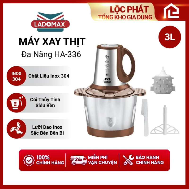 Máy xay thịt 550W Ladomax HA-336 cối inox 304 dung tích 3L, tặng kèm lồng đánh trứng và dụng cụ lột tỏi bh 12 tháng — ảnh 1
