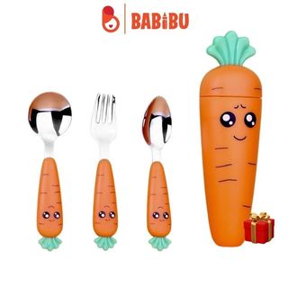 XẢ KHO - Set thìa dĩa tập xúc inox cà rốt tặng hộp đựng dễ thương cho bé