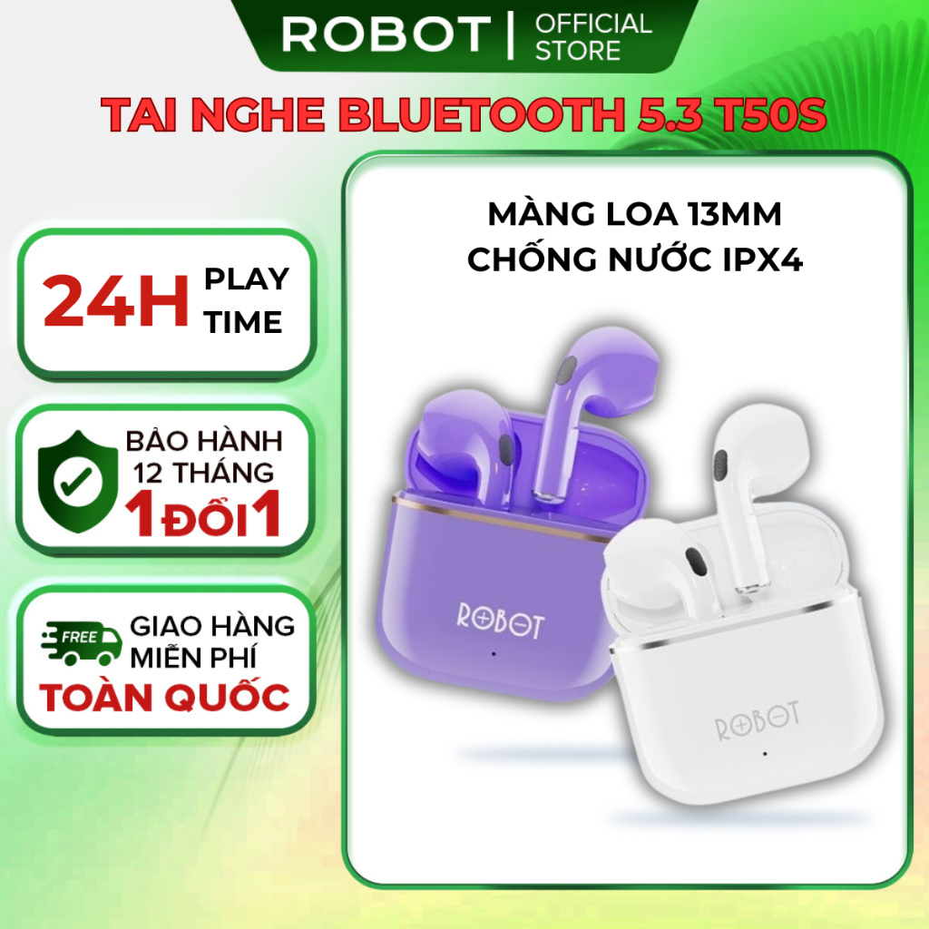 Ảnh Tai Nghe Bluetooth 5.3 ROBOT Airbuds T50S Semi InEar Kháng Nước IPX4 Âm Thanh Rõ Nét, Playtime 24h 3