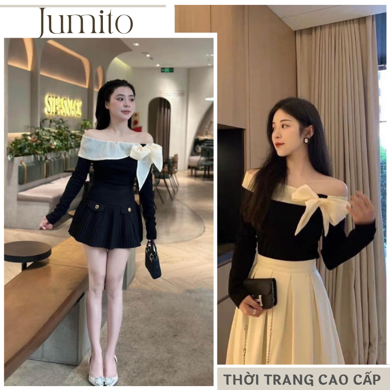 Áo thun nữ trễ vai dài tay phối nơ sang trọng màu đen Jumito, áo trễ vai chất thun phong cách thanh lịch HCOM2861