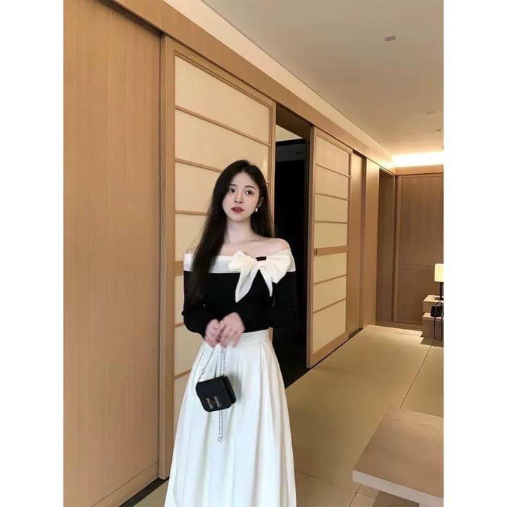 Áo thun nữ trễ vai dài tay phối nơ sang trọng màu đen Jumito, áo trễ vai chất thun phong cách thanh lịch HCOM2861