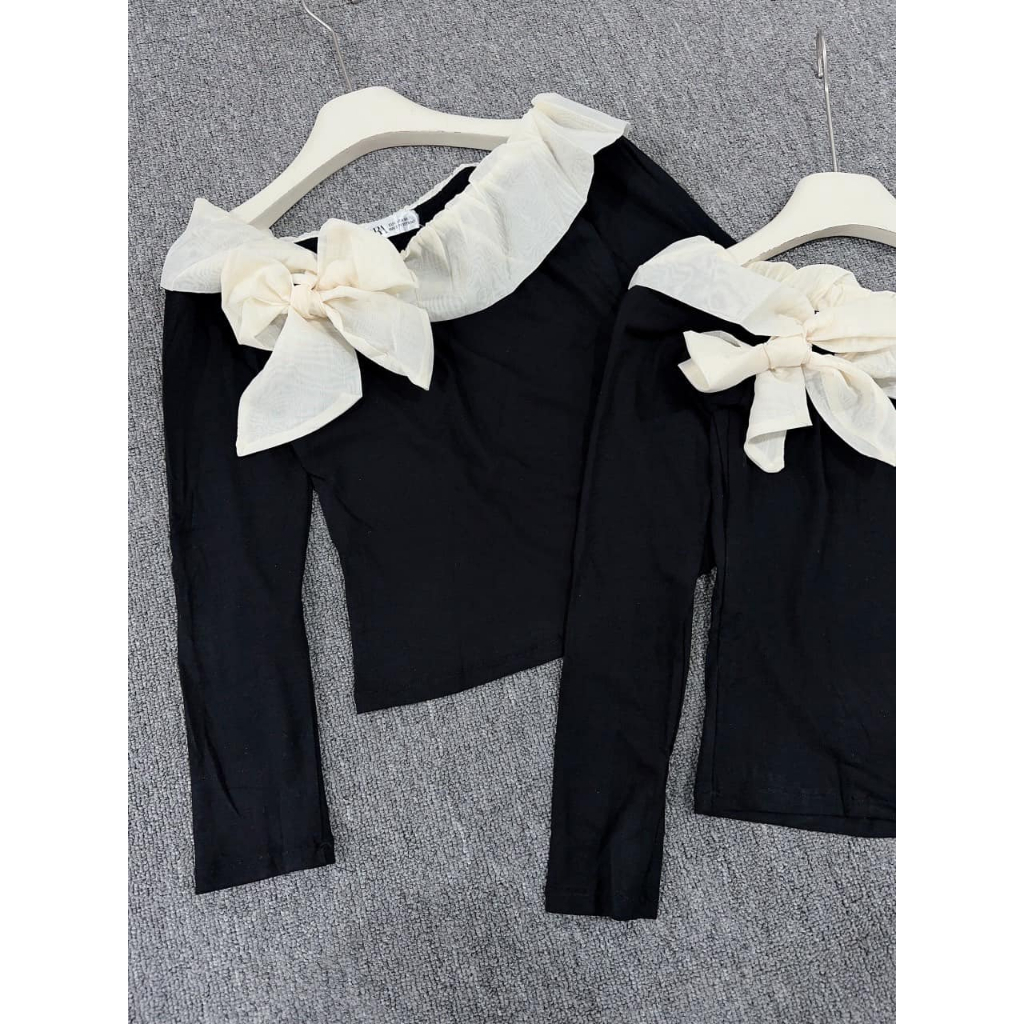 Áo thun nữ trễ vai dài tay phối nơ sang trọng màu đen Jumito, áo trễ vai chất thun phong cách thanh lịch HCOM2861