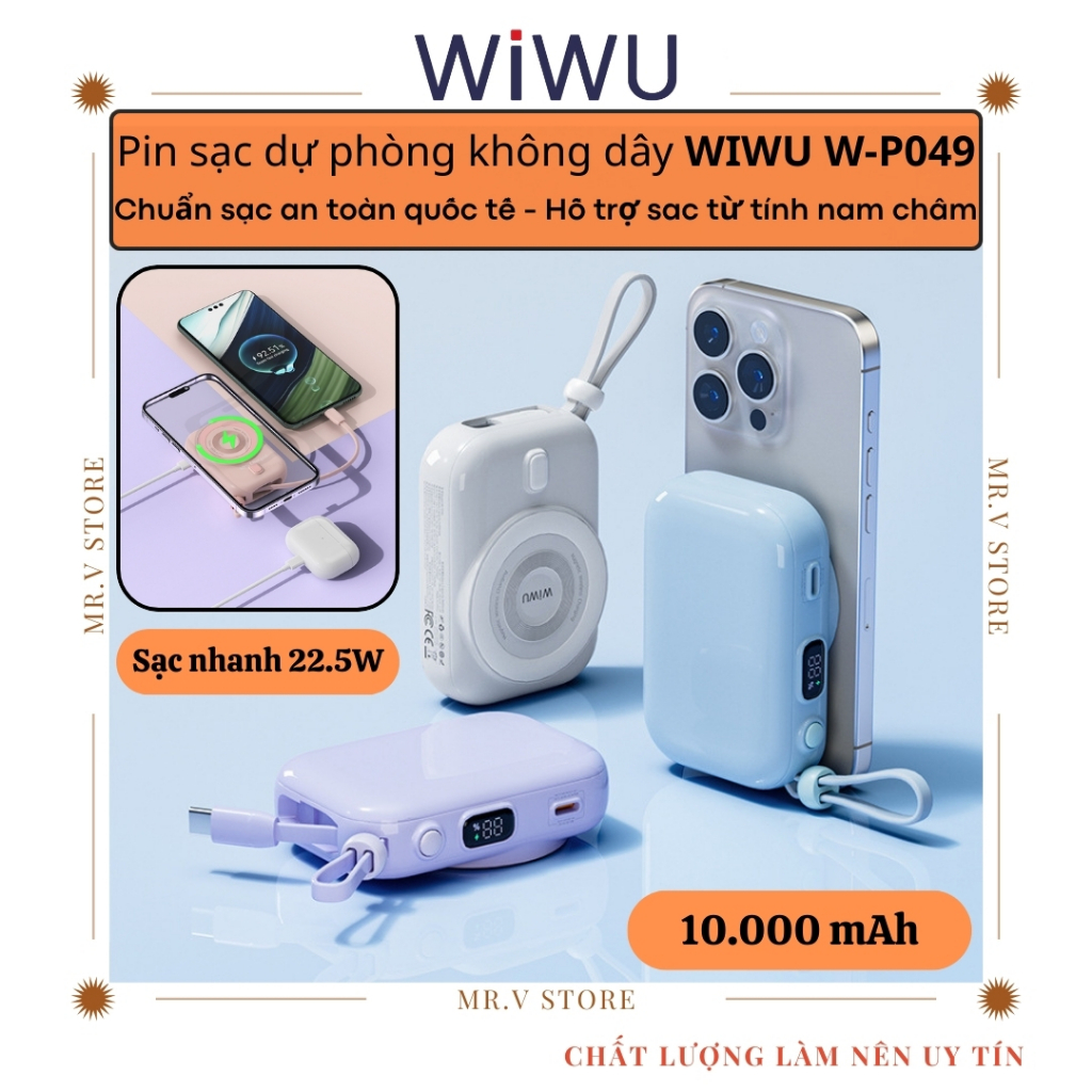 Sạc Dự Phòng Không dây 10000mAh, Sạc Siêu Nhanh 22.5W WIWU P049 Pin Dự ...