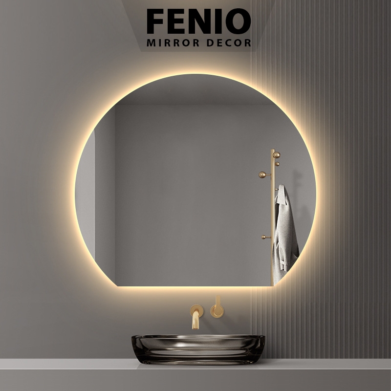 Ảnh Gương tròn khuyết treo tường FENIO có đèn led cảm ứng decor 2