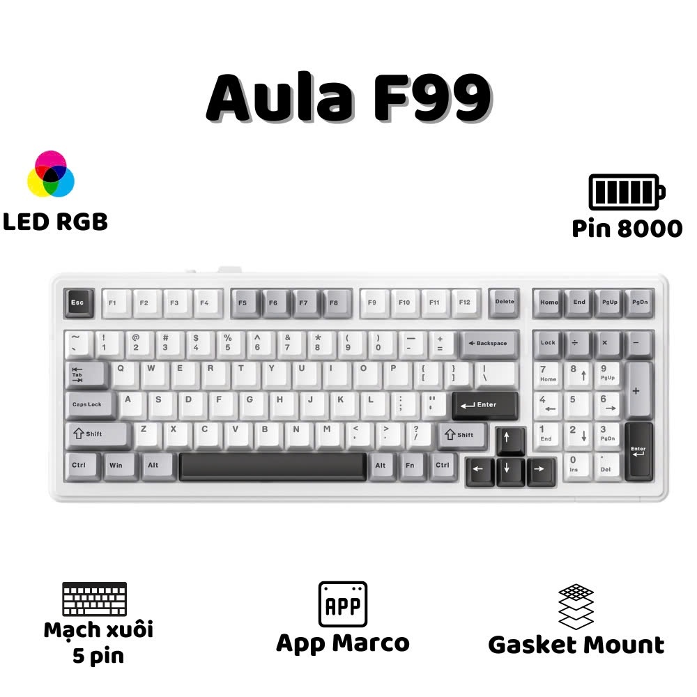 Bàn phím cơ  AULA F99 Pro V2- 3 mode kết nối- Mạch xuôi- LED RGB- Hotswap- Hỗ trợ app | BigBuy360 - bigbuy360.vn