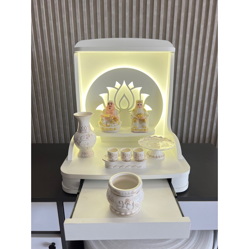 ( Có Đèn Led Sẵn  ) BÀN THỜ THẦN TÀI THỔ ĐỊA HOA SEN XOÈ MÀU TRẮNG ( Chưa bao gồm: Tượng - Lư Hương )