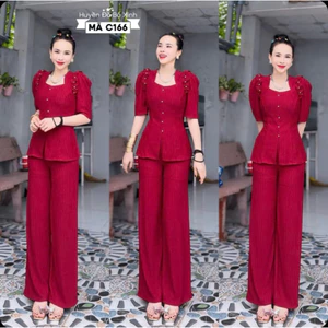 TH38- SÉT ĐỒ BỘ THUN XỐP, ÁO CỔ NỮ HOÀNG - QUẦN ỐNG SUÔNG