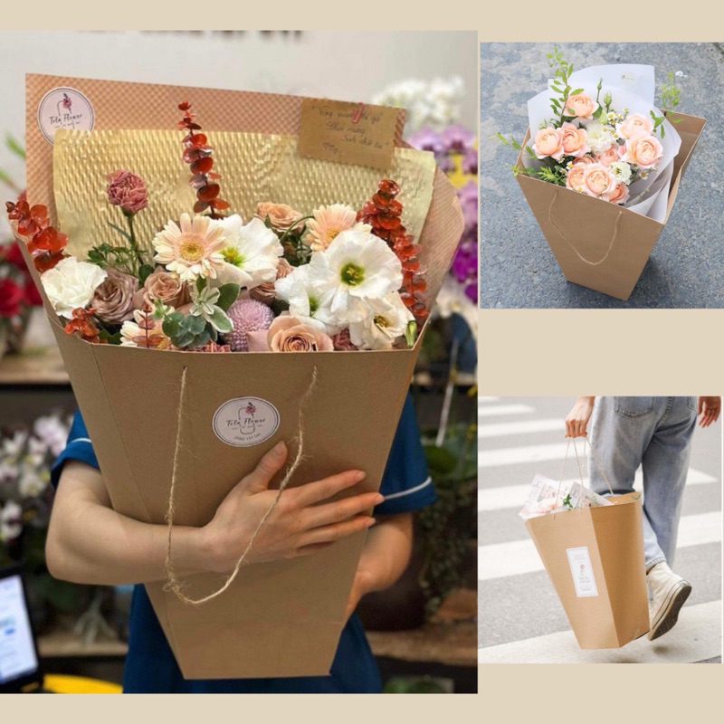 10 túi giấy xi măng đựng hoa hình thang, túi xách đựng hoa, túi vát xi măng  đựng hoa kraft hoa tươi hoa sáp quà tặng