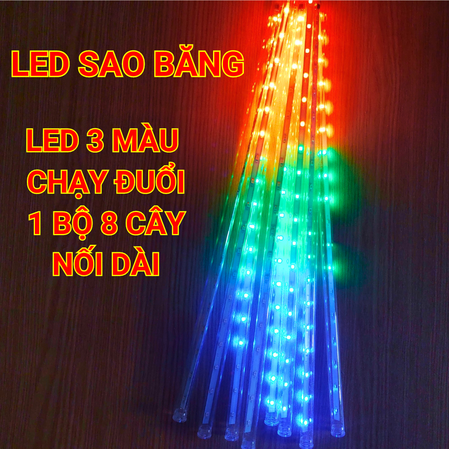 Bộ Đèn LED Sao băng Trang trí Ngoài trời 8 ống - 45cm - AC 220V kín nước CHẠY ĐUỔI 3 MÀU