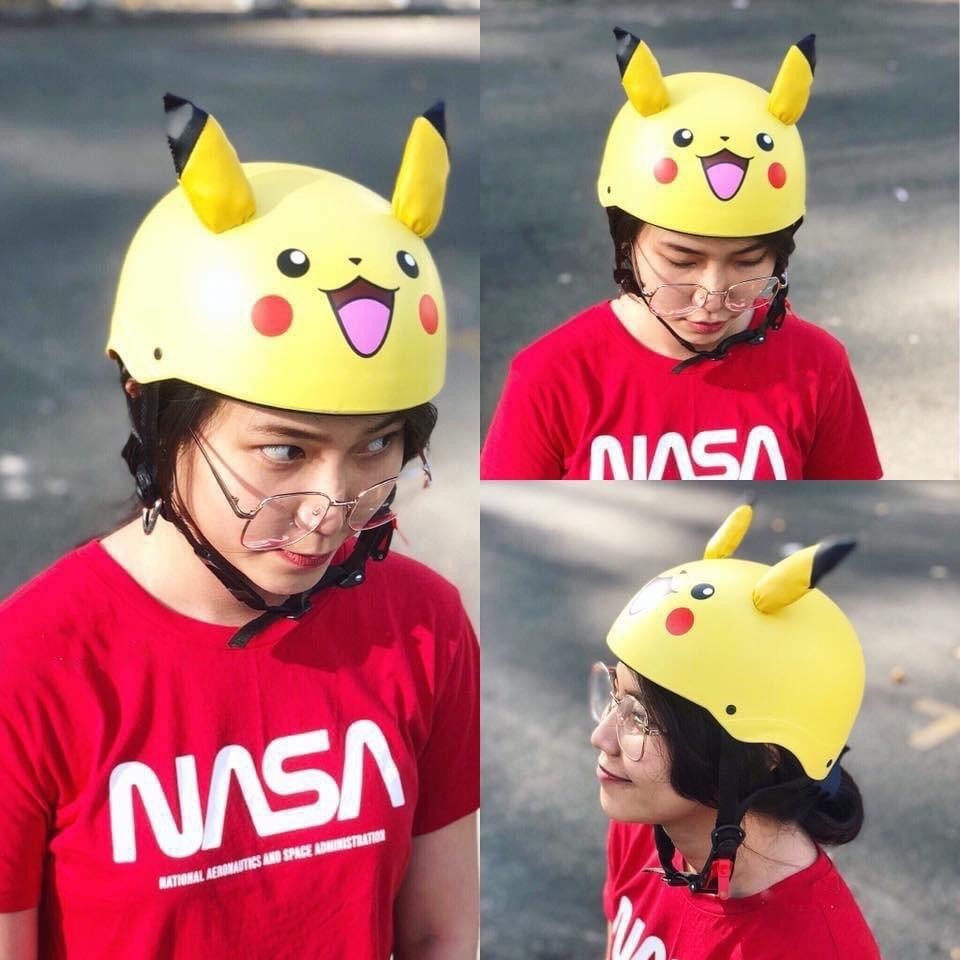 Mũ Bảo Hiểm Nửa Đầu 1/2 Có Tai Tem Pikachu,Doraemon,Gấu Nâu Siêu HOT - Hàng Cao Cấp