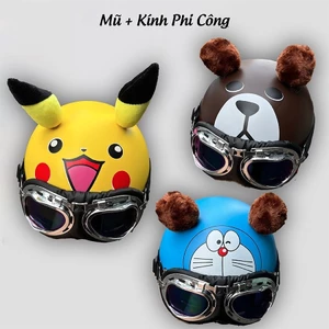 Mũ Bảo Hiểm Nửa Đầu 1/2 Có Tai Tem Pikachu,Doraemon,Gấu Nâu Siêu HOT - Hàng Cao Cấp