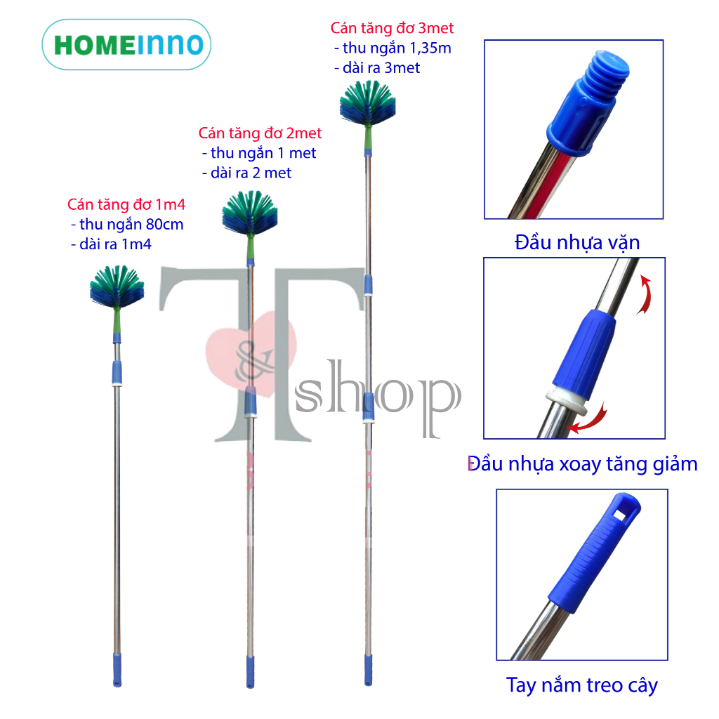 Chổi Quét Trần Nhà, Quét Mạng Nhện Đầu Gai Cán Tăng Đơ Inox Homeinno Nhiều Kích Thước 1m4/2m/ 3m/4m/5m/6met