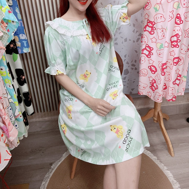 Váy đầm cổ sen, váy đầm ngủ, chất vải tôn lanh, form dễ mặc mát mịn, họa tiết dễ thương (freesize)