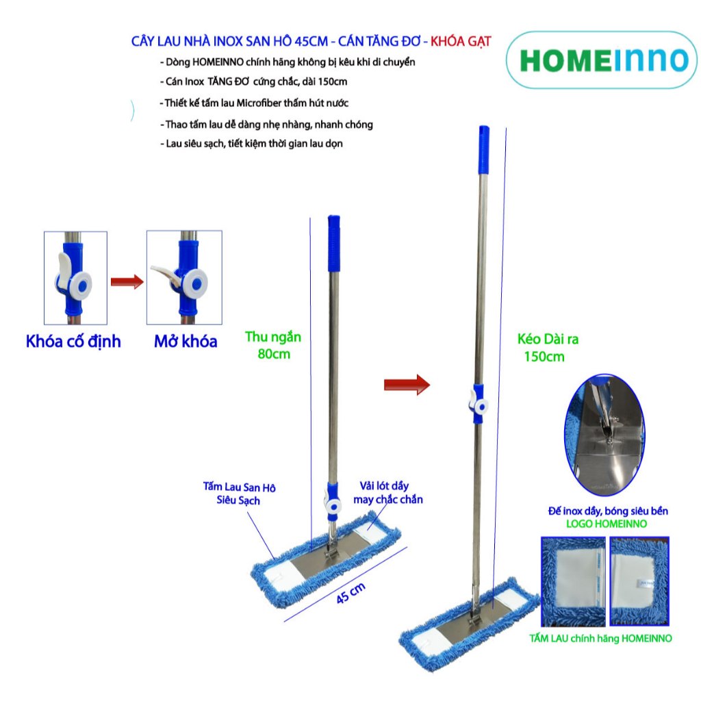 Cây Lau Nhà Công Nghiệp Cán Rút Inox KHOÁ GẠT MỚi San Hô 45cm Homeinno ...