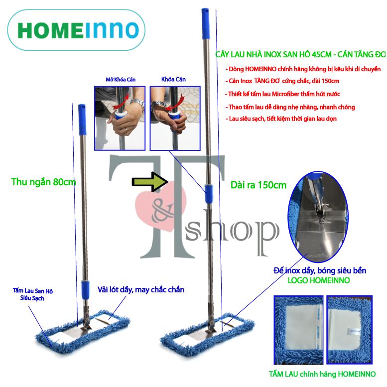 Cây Lau Nhà Công Nghiệp Bản Inox Vải Lau Microfiber San Hô 45cm Homeinno Cán Rút 90cm-145cm