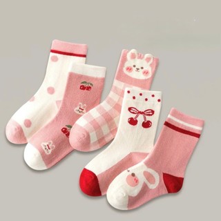 Set 5 Đôi Tất Cổ Cao Cho Bé Gái Hoạ Tiết Thỏ Cherry Chất Cotton Mềm te50