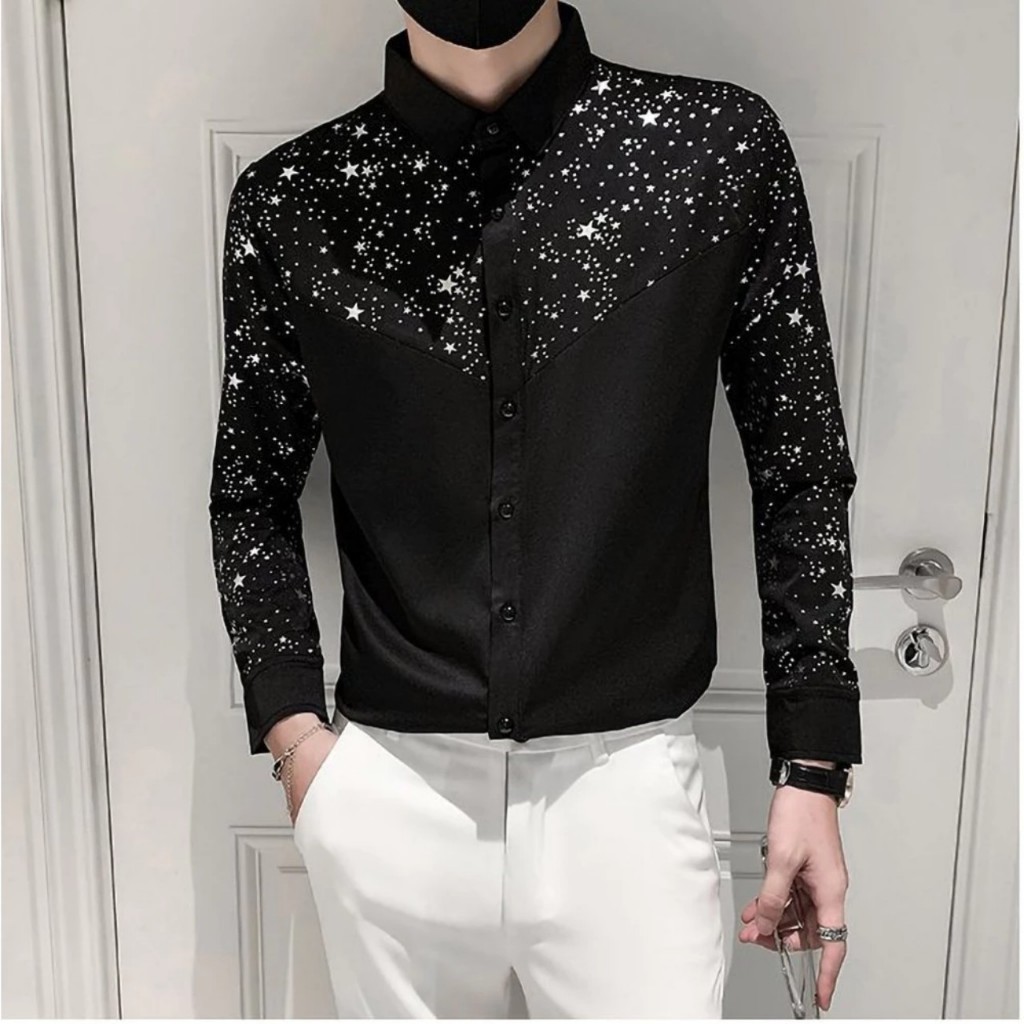 Áo sơ mi nam dài tay phối ngôi sao ⚡CỰC CHẤT⚡ Sơ mi couple NEW Dài Tay Vải Lụa Thoáng Mát 1999 Fashion - SM108