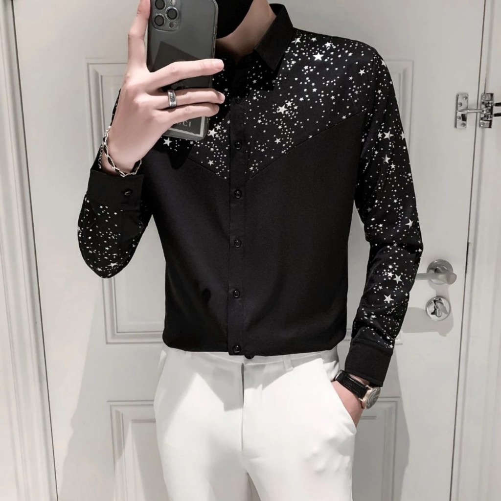 Áo sơ mi nam dài tay phối ngôi sao ⚡CỰC CHẤT⚡ Sơ mi couple NEW Dài Tay Vải Lụa Thoáng Mát 1999 Fashion - SM108