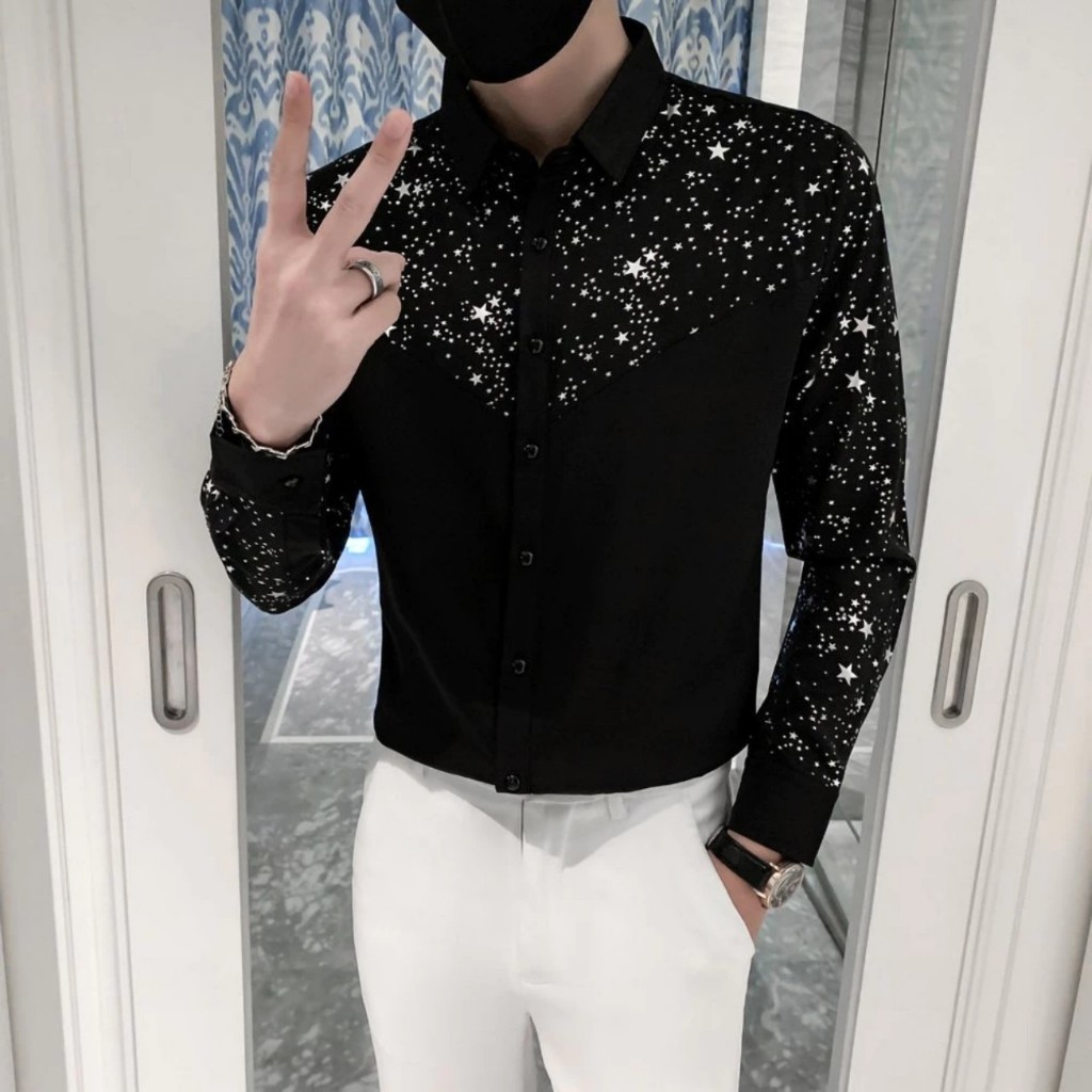 Áo sơ mi nam dài tay phối ngôi sao ⚡CỰC CHẤT⚡ Sơ mi couple NEW Dài Tay Vải Lụa Thoáng Mát 1999 Fashion - SM108