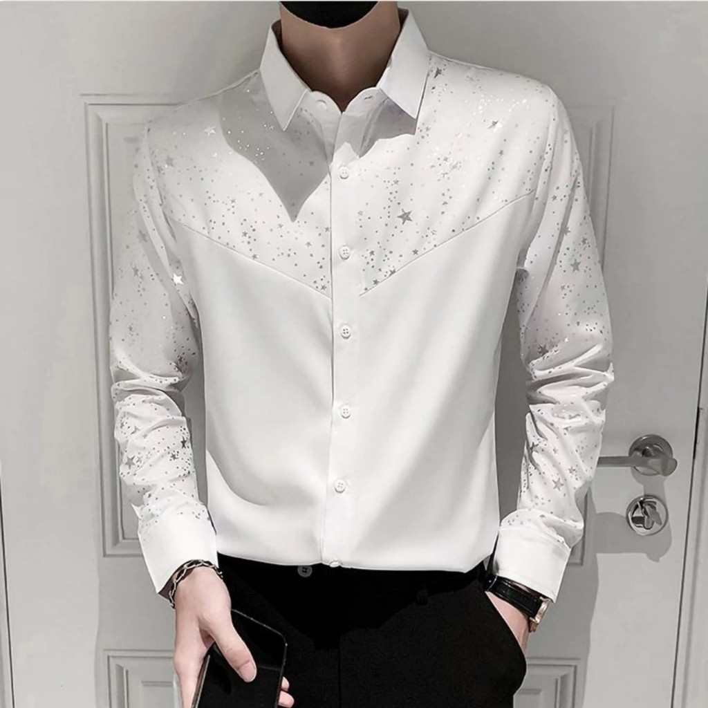 Áo sơ mi nam dài tay phối ngôi sao ⚡CỰC CHẤT⚡ Sơ mi couple NEW Dài Tay Vải Lụa Thoáng Mát 1999 Fashion - SM108