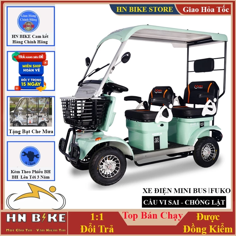 Xe điện 4 bánh mái che mini bus FUKO, Mẫu xe bus 2 hàng 2024,Thương hiệu nhật bản, động cơ 1200w