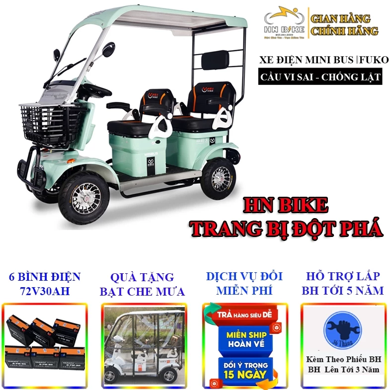 Xe điện 4 bánh mái che mini bus FUKO, Mẫu xe bus 2 hàng 2024,Thương hiệu nhật bản, động cơ 1200w