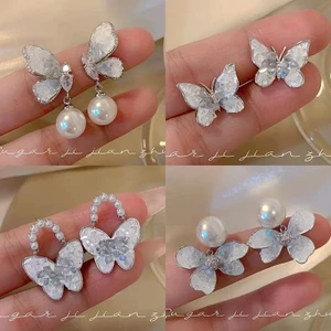 Bông Tai Hình Bướm Đính Đá Sang Trọng, BST Khuyên Tai Mạ Bạc 925 Phong Cách Nhẹ Nhàng Hàn Quốc