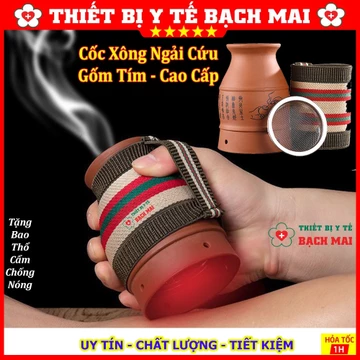 Cốc Xông Cứu Ngải Kèm Bao Nhung Thổ Cẩm, Cốc Chườm Ngải Gốm Tím Cao Cấp, Cốc Giác Hơi Ngải Cứu