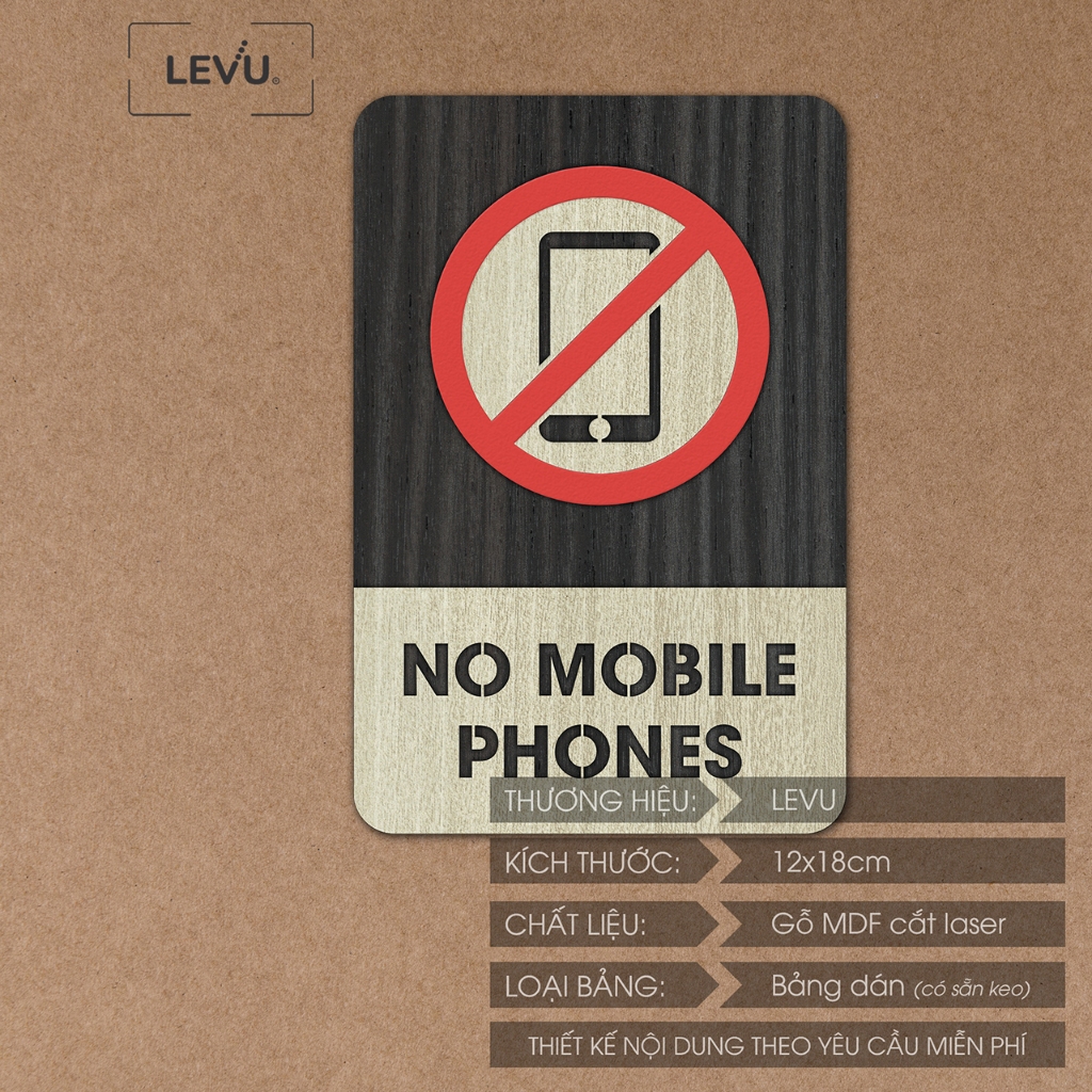 Bảng gỗ no mobile phones, biển báo khu vực cấm sử dụng điện thoại di động LEVU-BG35
