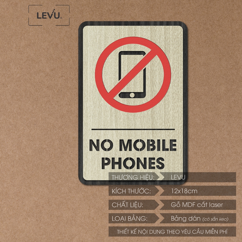 Bảng gỗ no mobile phones, biển báo khu vực cấm sử dụng điện thoại di động LEVU-BG35