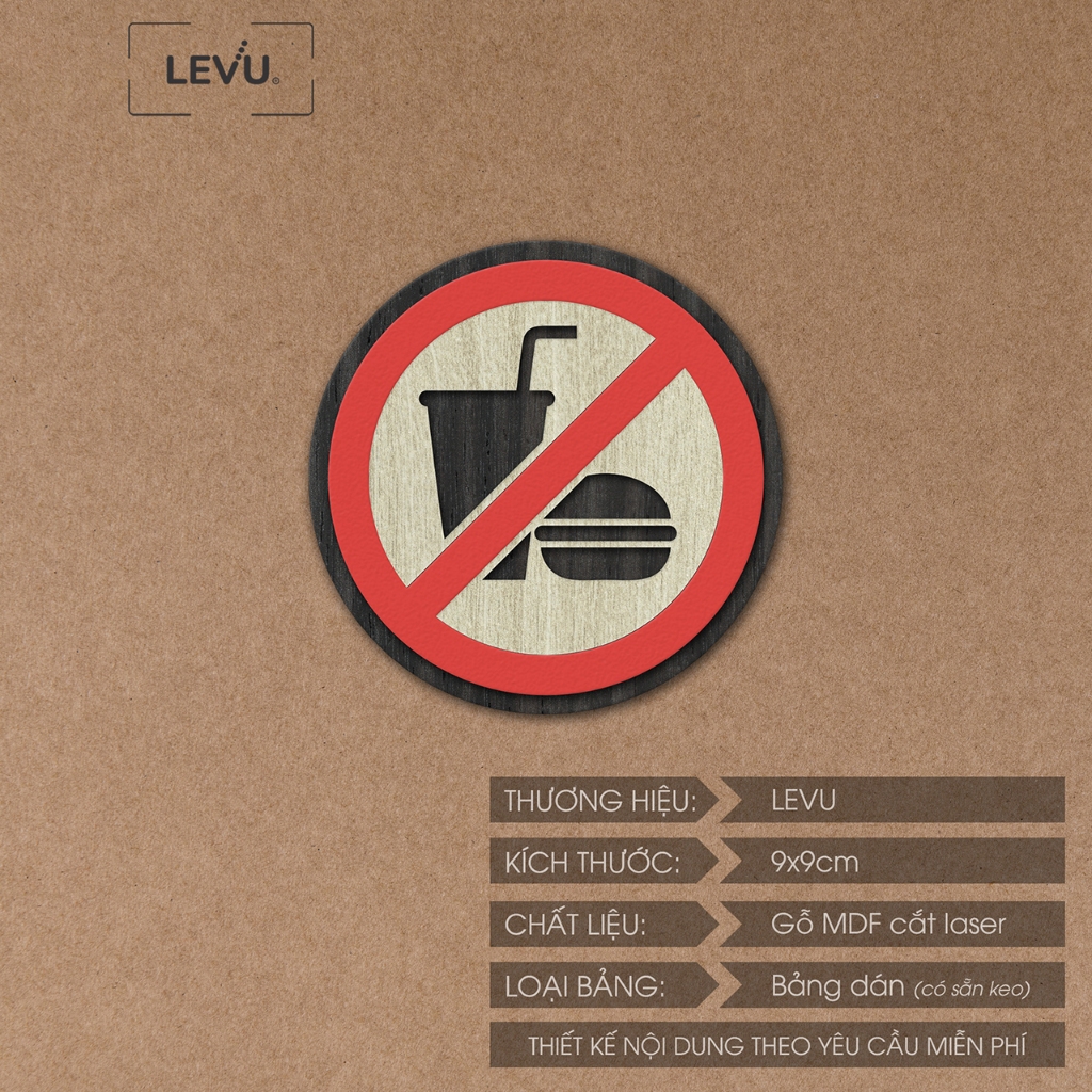 Bảng gỗ no food or drink, biển báo khu vực không mang đồ ăn thức uống LEVU-BG03