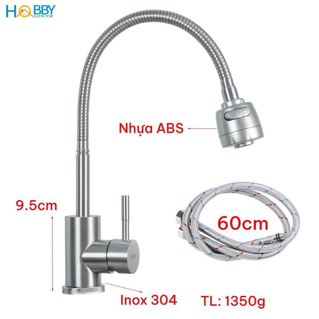 Vòi rửa chén nóng lạnh Inox 304 thân lò xo cong Hobby home decor LXNL1