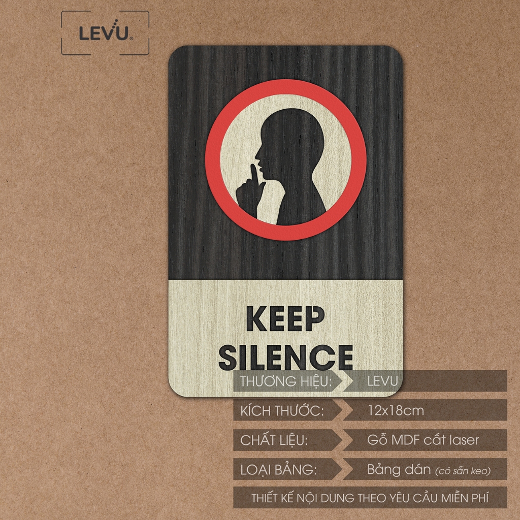 Bảng gỗ keep silence, biển gỗ thông báo khu vực vui lòng giữ im lặng LEVU-BG11