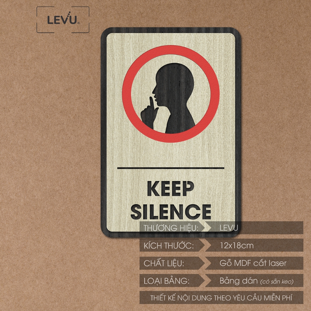 Bảng gỗ keep silence, biển gỗ thông báo khu vực vui lòng giữ im lặng LEVU-BG11