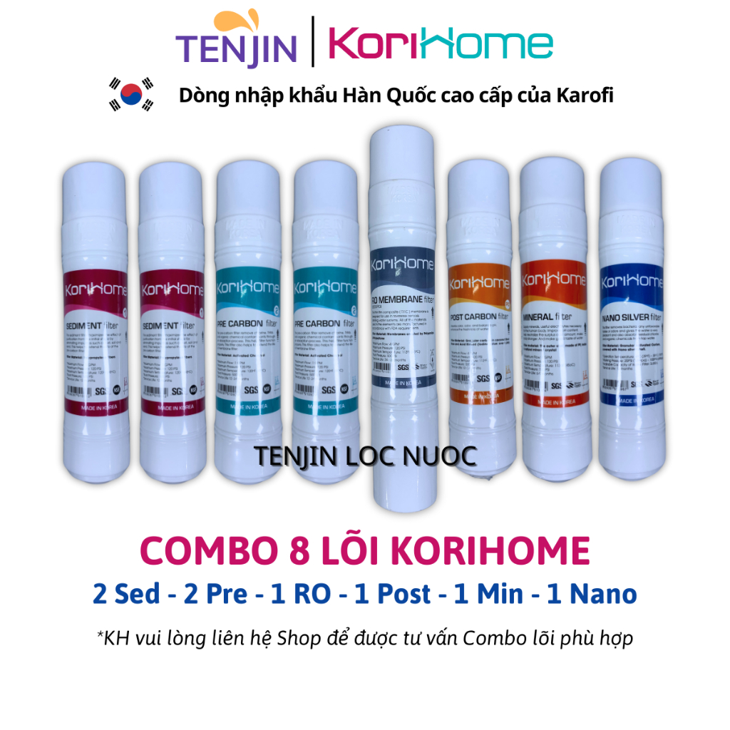Combo 8 Lõi Lọc Korihome Gồm 2 Sediment,2 Pre Carbon,1 RO,1 Post Carbon, 1 Mineral,1 Nano Model WPK-606-MN