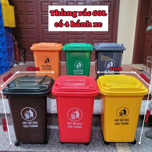 Thùng Rác Công Cộng 60L có 4 Bánh Xe cho Gia Đình nắp đậy kín có quai kéo thân thiện với môi trường