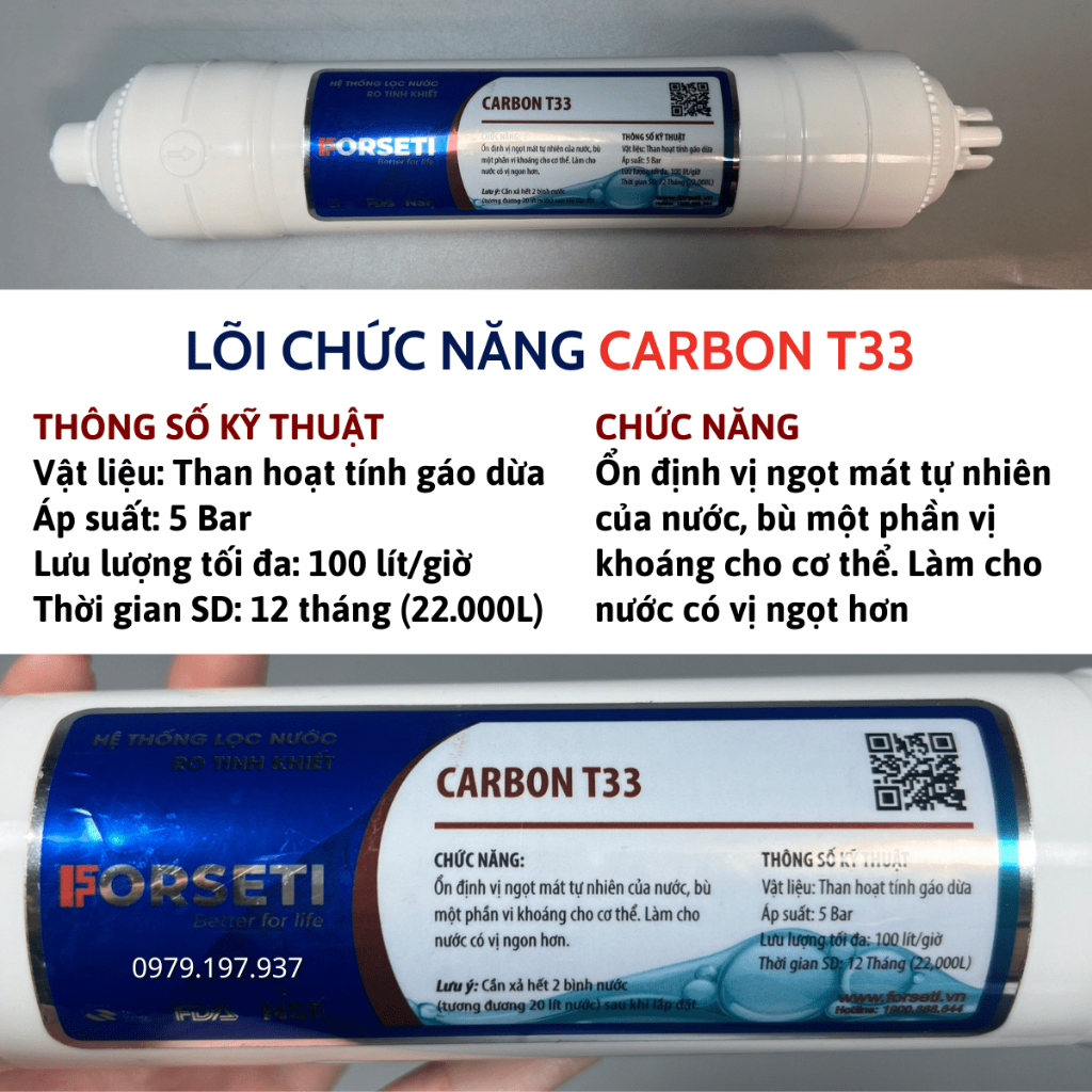 Lõi Chức Năng Carbon T33 FORSETI Cấu Tạo Than Hoạt Tính Gáo Dừa Tạo Vị Ngọt Cho Nước Và Bù Một Phần Vi Khoáng Cho Cơ Thể