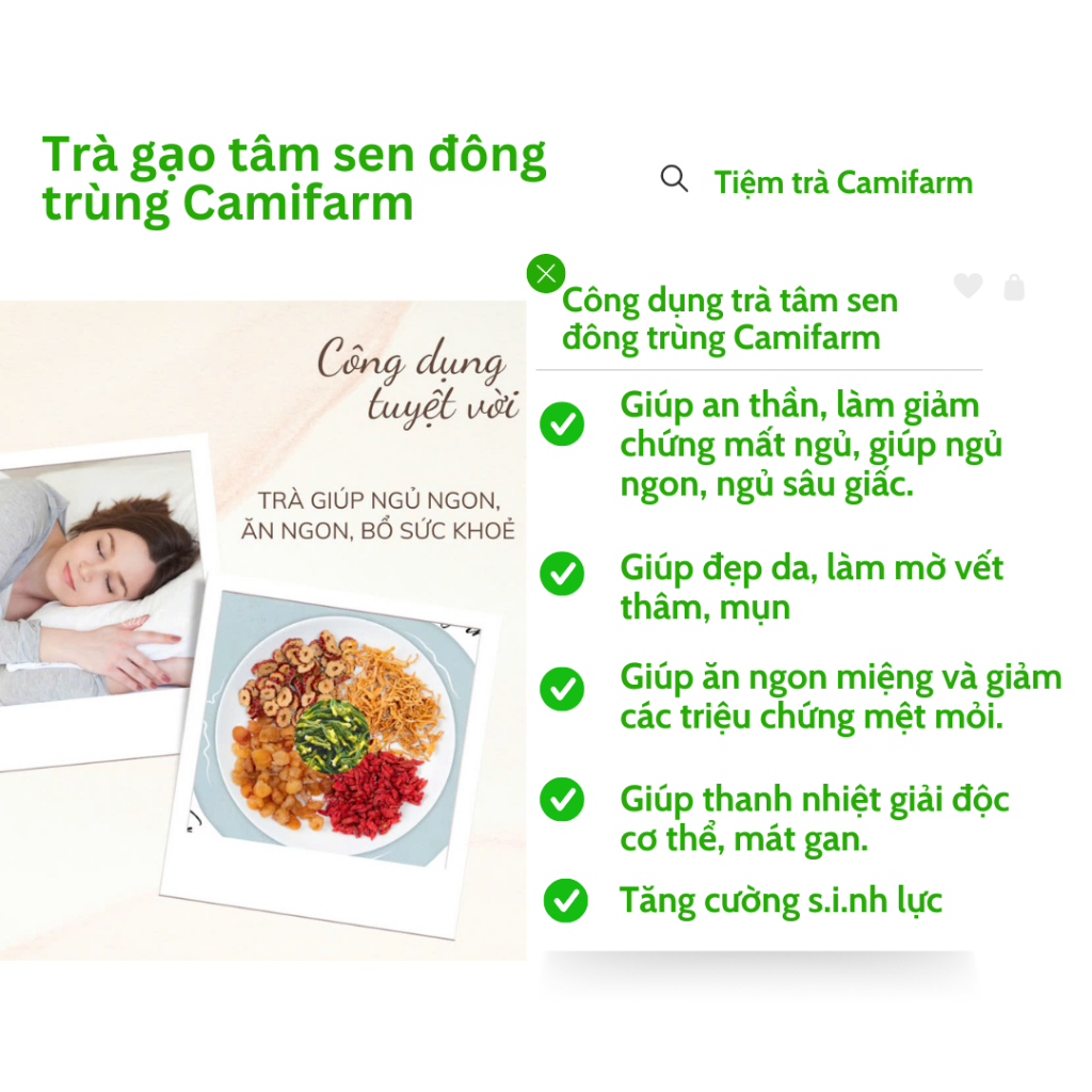 Ảnh Trà tâm sen đông trùng Camifarm hộp 30 gói giúp ngủ ngon, tăng cường sinh lý, điều hoà đường huyết 1