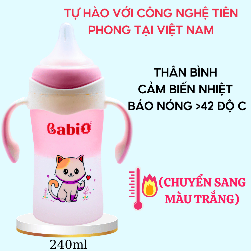 Bình Sữa Babi1 240ml | Thủy Tinh Bọc Silicon | Cảm Biến Nhiệt báo Nóng Kèm Tay Cầm | Núm Chống Sặc