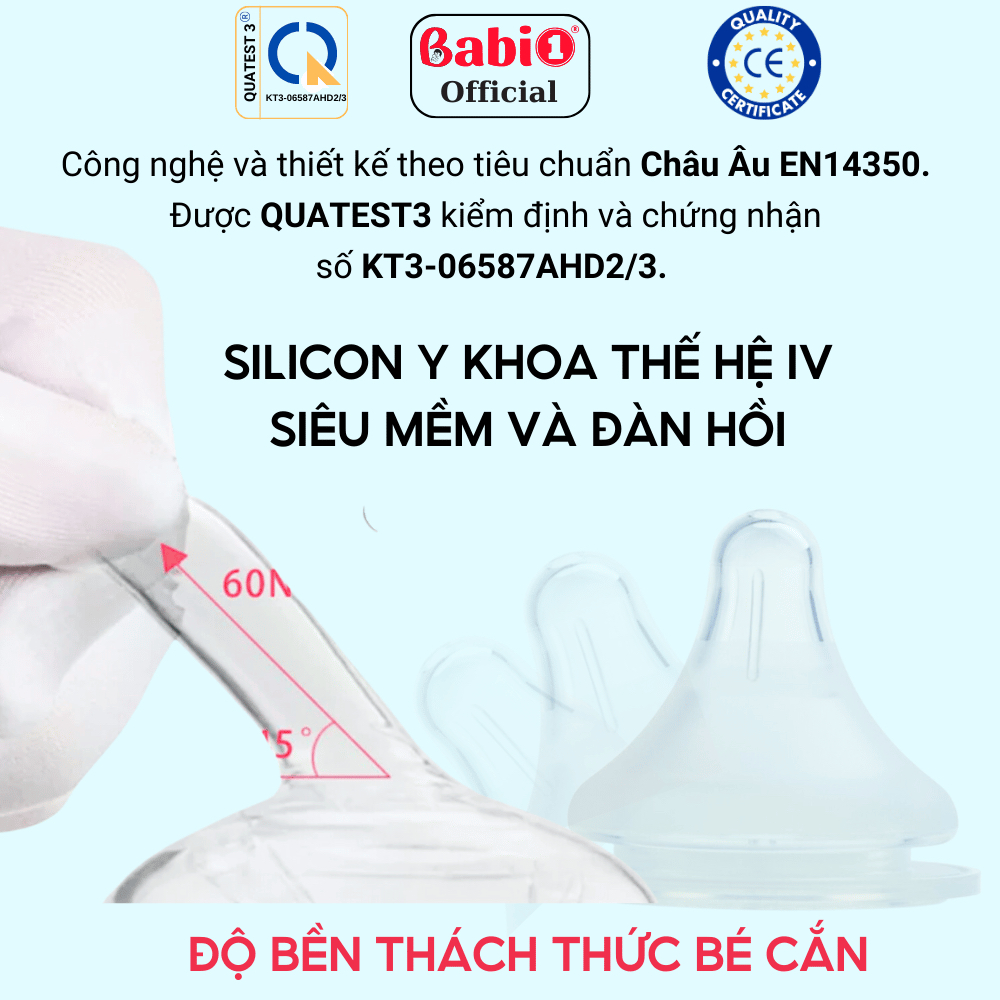 Bình Sữa Babi1 240ml | Thủy Tinh Bọc Silicon | Cảm Biến Nhiệt báo Nóng Kèm Tay Cầm | Núm Chống Sặc