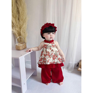 [TẶNG KÈM BỜM] Set yếm đỏ đón trung thu cho bé gái (8-23kg) áo cổ yếm quần suông xinh yêu mẫu mới 2024