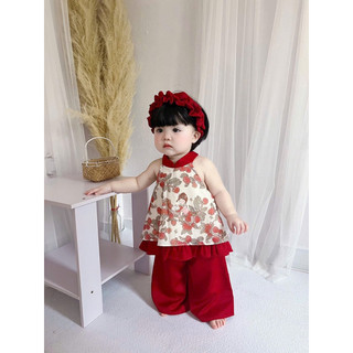 [TẶNG KÈM BỜM] Set yếm đỏ đón trung thu cho bé gái (8-23kg) áo cổ yếm quần suông xinh yêu mẫu mới 2024