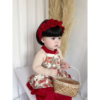 [TẶNG KÈM BỜM] Set yếm đỏ đón trung thu cho bé gái (8-23kg) áo cổ yếm quần suông xinh yêu mẫu mới 2024