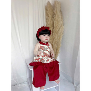 [TẶNG KÈM BỜM] Set yếm đỏ đón trung thu cho bé gái (8-23kg) áo cổ yếm quần suông xinh yêu mẫu mới 2024
