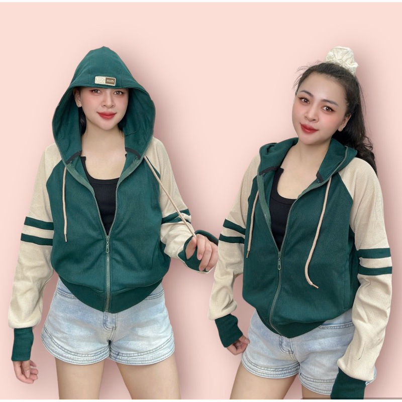 QUỲNH QUỲNH - Áo khoác gân mix logo nón viền tay, Vải gân dày dặn thoáng mát, 6 túi nón to, form lửng ,size 45-60kg- G79