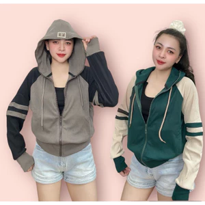 QUỲNH QUỲNH - Áo khoác gân mix logo nón viền tay, Vải gân dày dặn thoáng mát, 6 túi nón to, form lửng ,size 45-60kg- G79